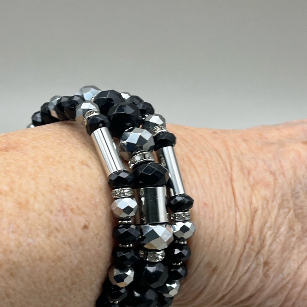 Holiday Sparkle Black and Silver Faceted Crystal Wrap Bracelet-Festive Gift